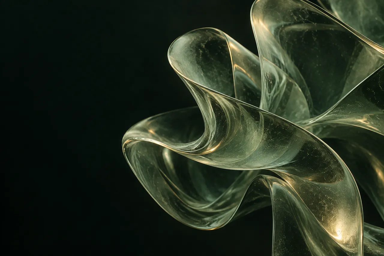 Translucent sage glass folds illuminated against a deep green background