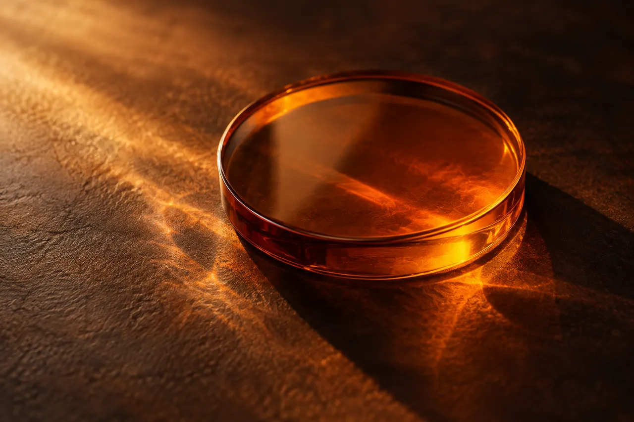 Amber glass disc on a dark warm surface